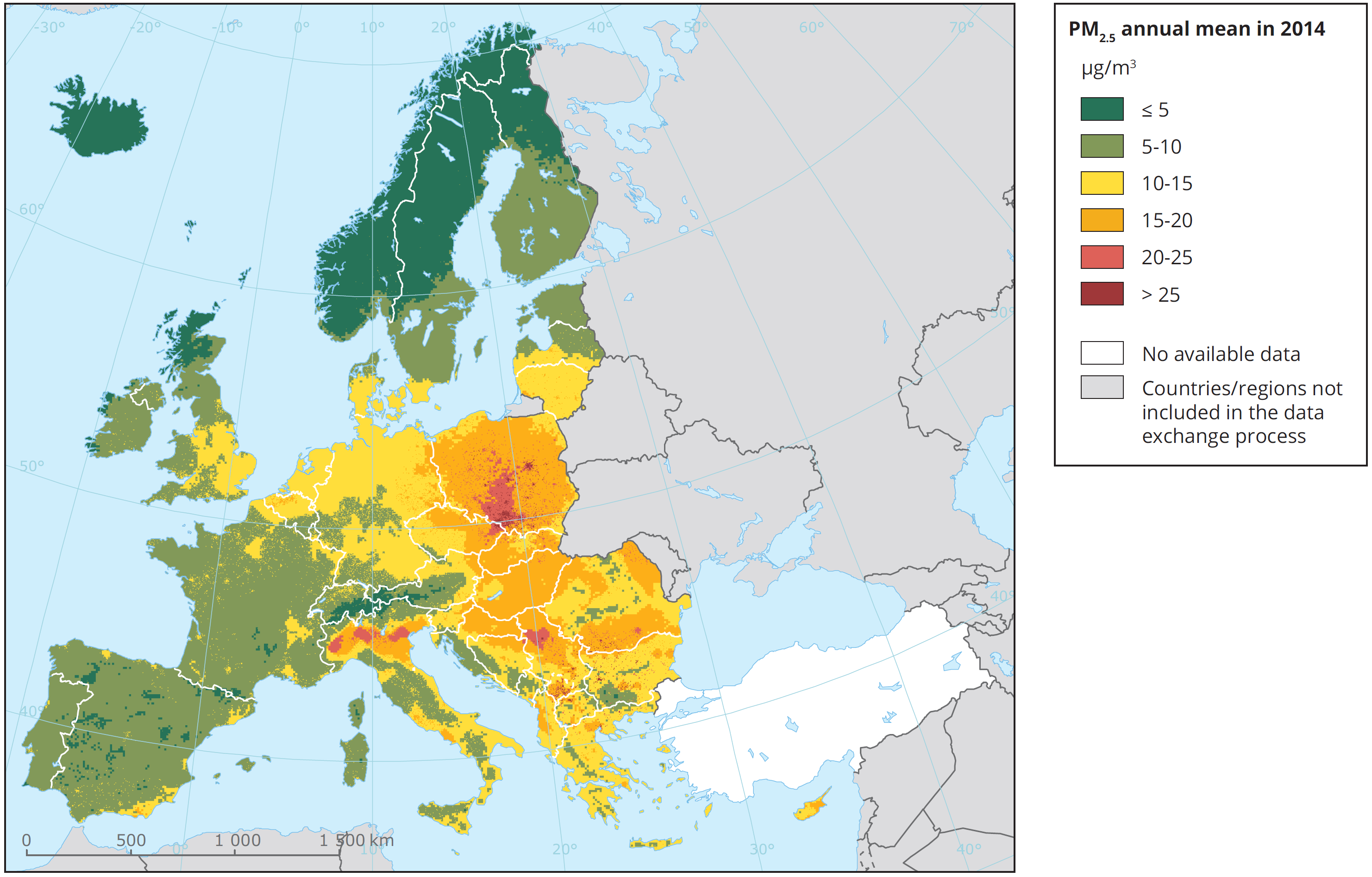 Średnie stężenie pyłu PM2.5 w Europie w roku 2014; źródło: EEA, Air quality in Europe - 2017 report