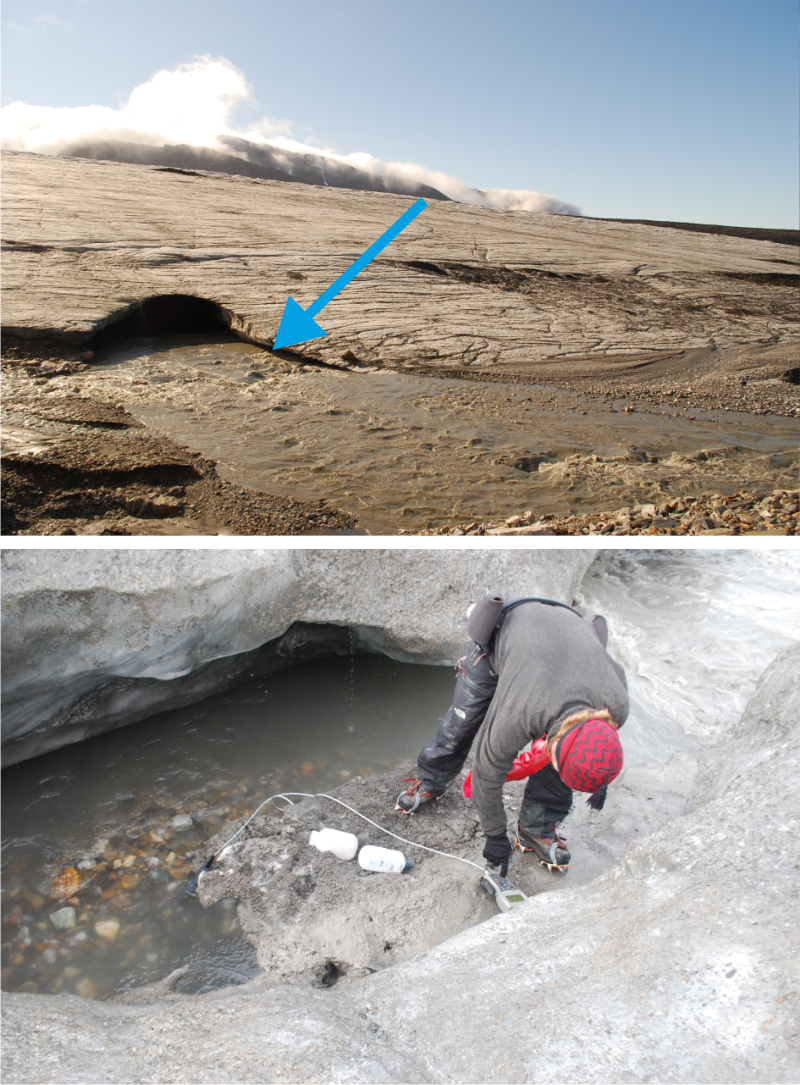 Pobór próbek wody subglacjalnej do analizy chemicznej na przedpolu lodowca Werenskiolda, SW Spitsbergen (fot. P. Muskała)