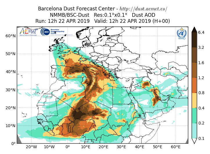 Prognoza grubości optycznej aerozolu na godzinę 12 UTC, dnia 24.04.2019.
