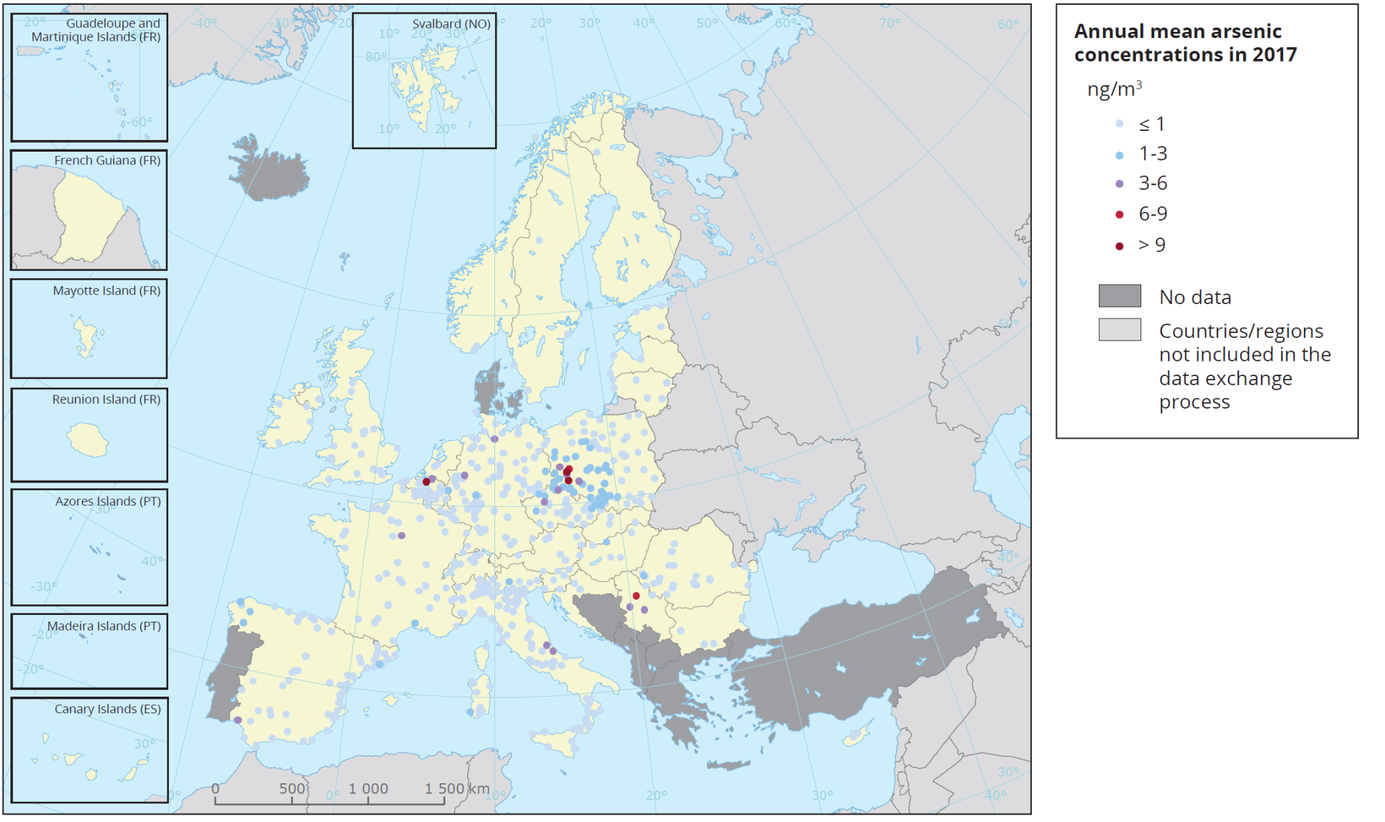 Przestrzenne zróżnicowanie średniorocznych stężeń arsenu w pyle PM10, w Europie, w roku 2017