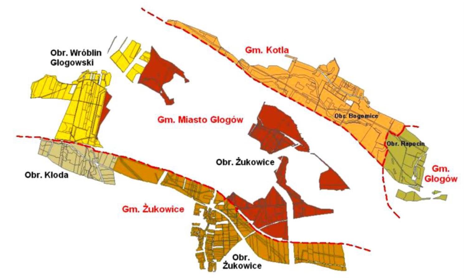Mapa zasięgu terytorialnego strefy ochronnej Huty Miedzi Głogów