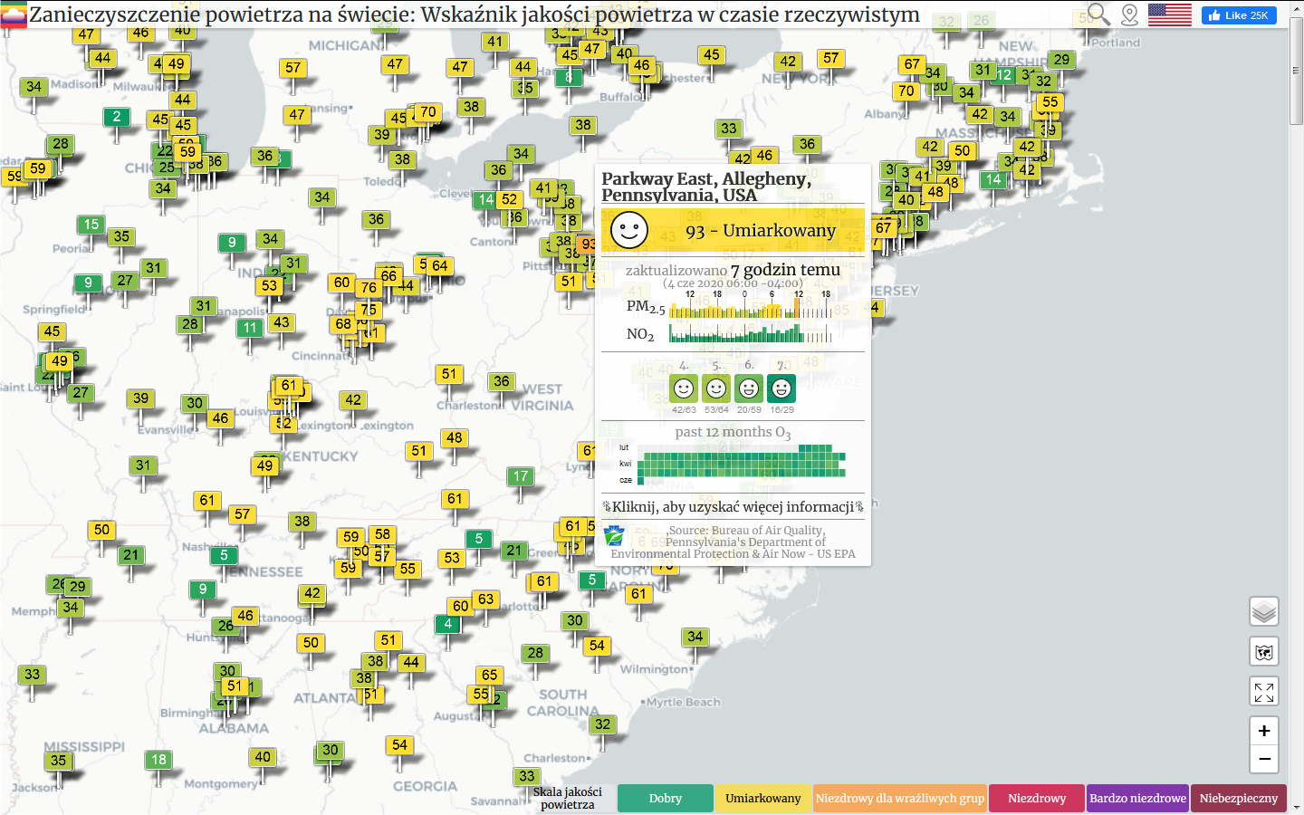 Wartości US EPA AQI dla wschodniej części Stanów Zjednoczonych