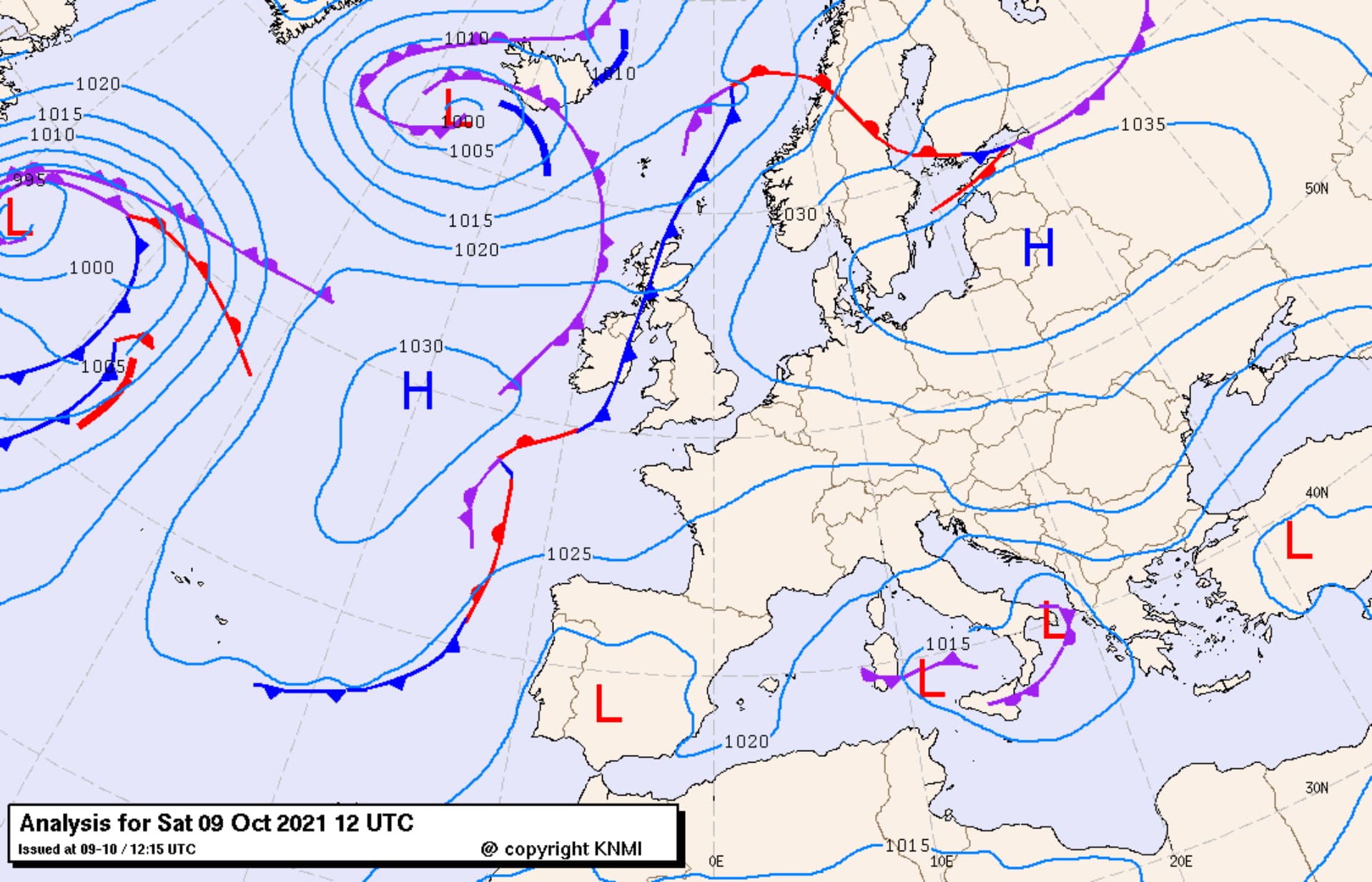 Mapa synoptyczna dla obszaru Europy, z dnia 09.10.2021 z godziny 12UTC