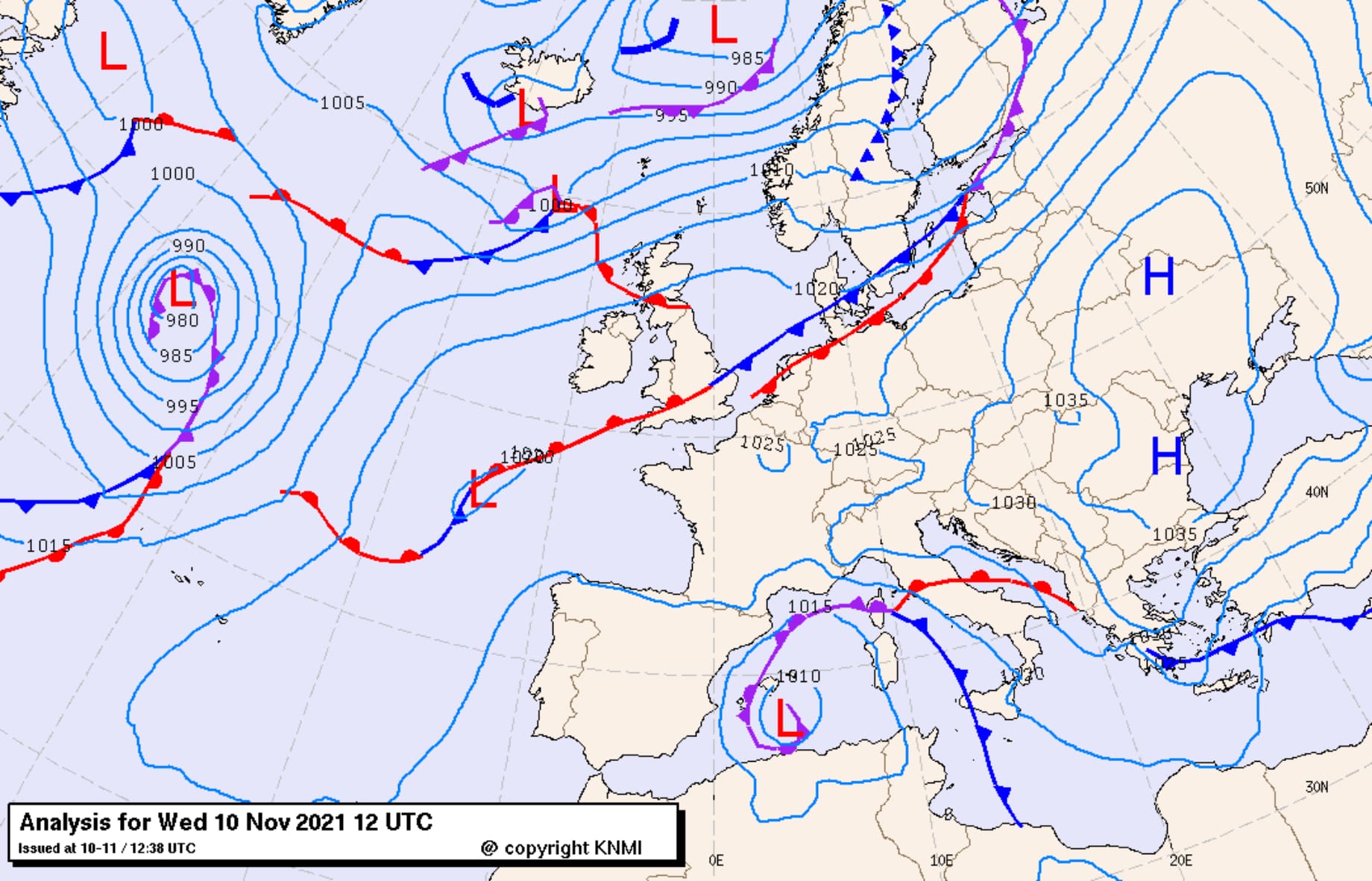 Mapa synoptyczna dla obszaru Europy, z dnia 10.11.2021 z godziny 12UTC
