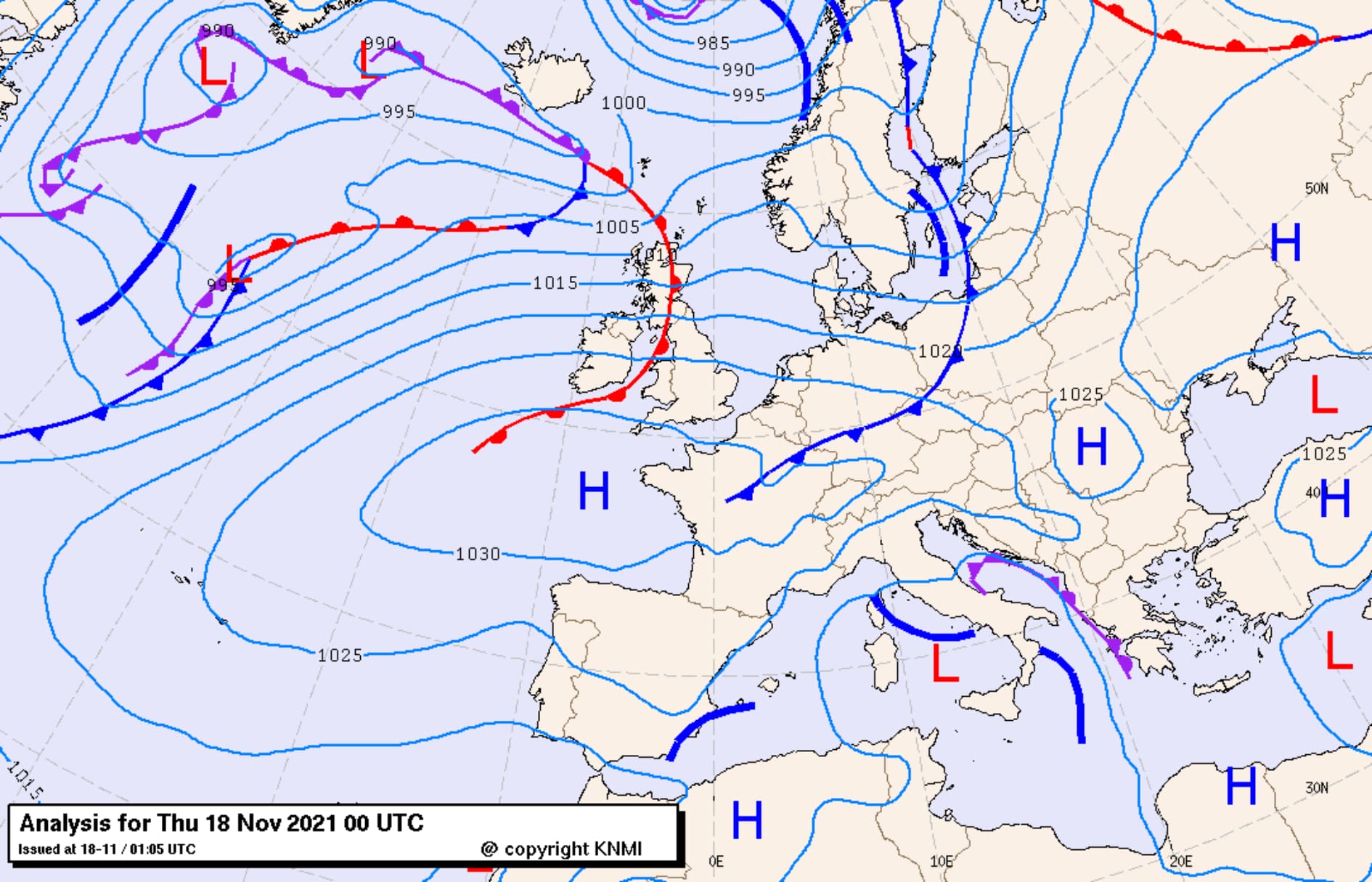 Mapa synoptyczna dla obszaru Europy, z dnia 18.11.2021 z godziny 00UTC