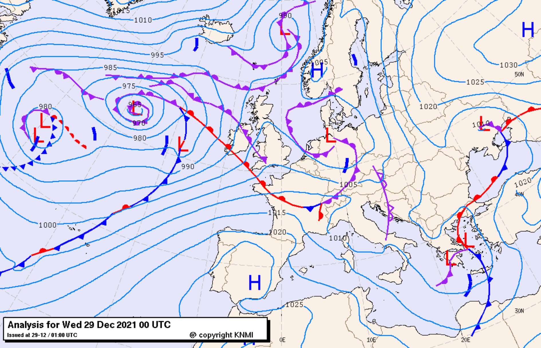 Mapa synoptyczna dla obszaru Europy, z dnia 29.12.2021 z godziny 00UTC