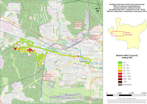 Wyniki mobilnych pomiarów stężeń PM2.5, 2021-10-09, pomiary poranne, wartości maksymalne stężeń na 100-metrowych odcinkach trasy