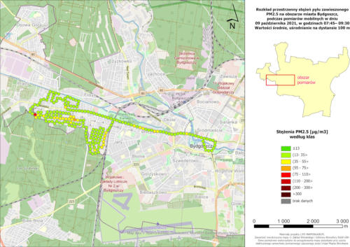 Wyniki mobilnych pomiarów stężeń PM2.5, 2021-10-09, pomiary poranne, wartości średnie stężeń na 100-metrowych odcinkach trasy