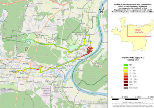 Wyniki mobilnych pomiarów stężeń PM2.5, 2021-10-09, pomiary wieczorne, wartości maksymalne stężeń na 150-metrowych odcinkach trasy