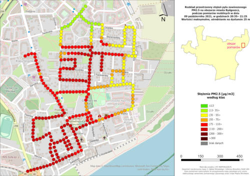 Wyniki mobilnych pomiarów stężeń PM2.5, 2021-10-09, pomiary wieczorne - mapa szczegółowa - Fordon, wartości maksymalne stężeń na 25-metrowych odcinkach trasy