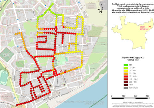 Wyniki mobilnych pomiarów stężeń PM2.5, 2021-10-09, pomiary wieczorne - mapa szczegółowa - Fordon, wartości średnie stężeń na 25-metrowych odcinkach trasy