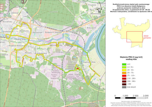 Wyniki mobilnych pomiarów stężeń PM2.5, 2021-10-10, pomiary poranne, wartości maksymalne stężeń na 100-metrowych odcinkach trasy