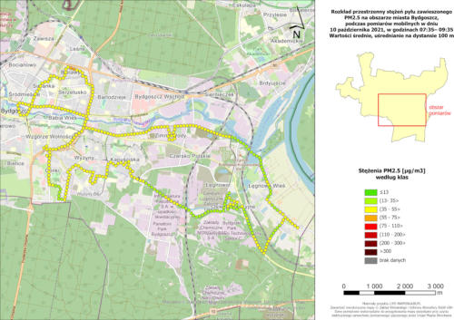 Wyniki mobilnych pomiarów stężeń PM2.5, 2021-10-10, pomiary poranne, wartości średnie stężeń na 100-metrowych odcinkach trasy