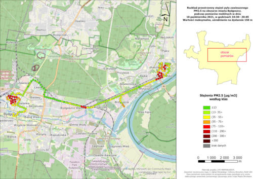 Wyniki mobilnych pomiarów stężeń PM2.5, 2021-10-10, pomiary wieczorne, wartości maksymalne stężeń na 150-metrowych odcinkach trasy