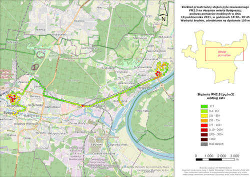 Wyniki mobilnych pomiarów stężeń PM2.5, 2021-10-10, pomiary wieczorne, wartości średnie stężeń na 150-metrowych odcinkach trasy