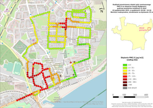 Wyniki mobilnych pomiarów stężeń PM2.5, 2021-10-10, pomiary wieczorne - mapa szczegółowa - Fordon, wartości maksymalne stężeń na 20-metrowych odcinkach trasy