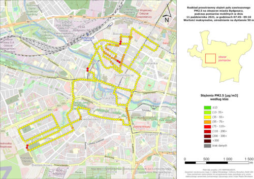 Wyniki mobilnych pomiarów stężeń PM2.5, 2021-10-11, pomiary poranne, wartości maksymalne stężeń na 100-metrowych odcinkach trasy