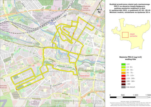 Wyniki mobilnych pomiarów stężeń PM2.5, 2021-10-11, pomiary poranne, wartości średnie stężeń na 100-metrowych odcinkach trasy