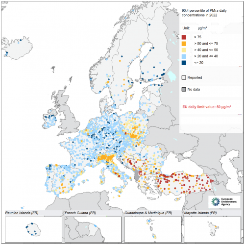 Mapa stężenia PM10 w 2022 r. w stosunku do dziennej wartości dopuszczalnej UE