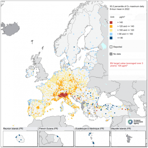 Mapa stężenia O3 w 2022 r. w stosunku do wartości docelowej UE