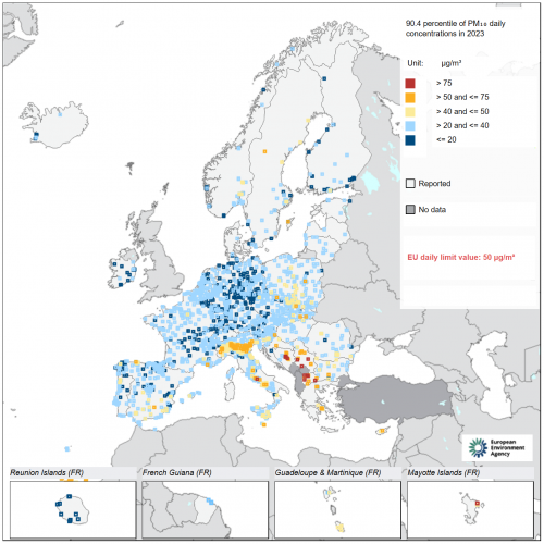 Mapa stężenia PM10 w 2023 r. w stosunku do dziennej wartości dopuszczalnej UE