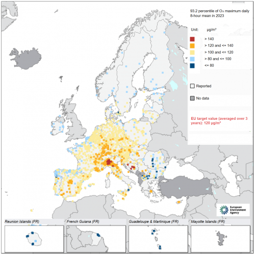 Mapa stężenia O3 w 2023 r. w stosunku do wartości docelowej UE