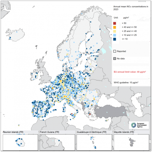 Mapa stężenia NO2 w 2023 r. w odniesieniu do rocznej wartości dopuszczalnej UE i rocznego poziomu wytycznych WHO