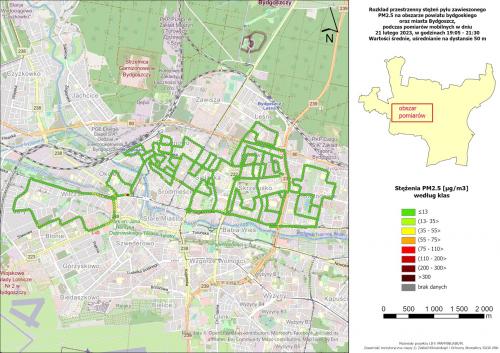 Rozkład przestrzenny stężeń pyłu zawieszonego PM2,5 na obszarze m. Bydgoszcz podczas pomiarów mobilnych w dniu 22.02.2023r. Wartości średnie, uśredniane na dystansie 50 m.