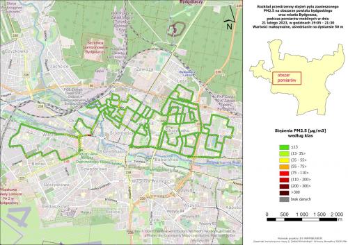 Rozkład przestrzenny stężeń pyłu zawieszonego PM2,5 na obszarze m. Bydgoszcz podczas pomiarów mobilnych w dniu 22.02.2023r. Wartości max, uśredniane na dystansie 50 m.