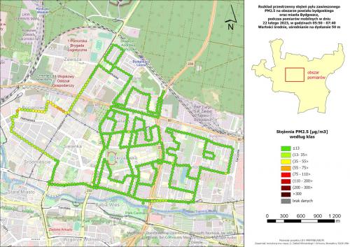Rozkład przestrzenny stężeń pyłu zawieszonego PM2,5 na obszarze m. Bydgoszcz podczas pomiarów mobilnych w dniu 23.02.2023r. Wartości średnie, uśredniane na dystansie 50 m.