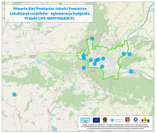 Lokalizacja czujników otwartej sieci pomiarów jakości powietrza Projektu LIFE-MAPPINGAIR/PL na obszarze aglomeracji bydgoskiej