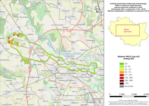 Zmienność przestrzenna maksymalnych wartości stężeń pyłu PM2.5, zmierzonych na 150-metrowych odcinkach trasy patrolu pomiarowego, 24.11.2021. Wyraźnie widoczne obszary wystąpienia „hot-spotów”, w których stężenia sięgają bardzo wysokich wartości.