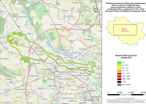 Zmienność przestrzenna średnich stężeń pyłu PM2.5, zmierzonych na 150-metrowych odcinkach trasy patrolu pomiarowego, 24.11.2021